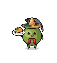 grenade Mexican chef mascot holding a taco