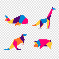 Fototapeta na wymiar Set animals origami. Abstract colorful vibrant animals logo design. Animal origami
