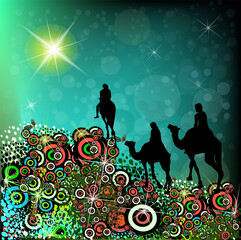 Christmas star. Magi on camels. Vector illustration