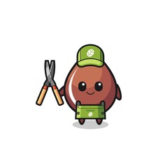 cute chocolate drop as gardener mascot