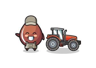 the chocolate drop farmer mascot standing beside a tractor