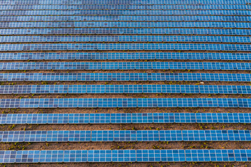 Aerial top down shot of a solar farm, a large collection of ground-mounted solar panels.