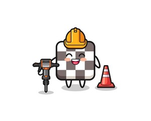 road worker mascot of chess board holding drill machine