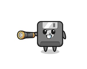 floppy disk mascot holding flashlight