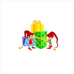 Gift box and Christmas elves. Elf helper Santa Claus. Preparation for holiday. 