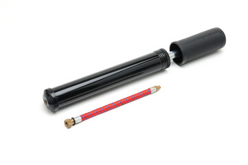 Bicycle pump with hose on white background