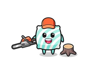 pillow lumberjack character holding a chainsaw