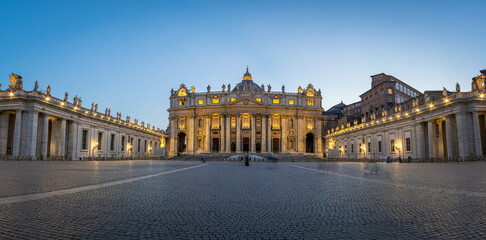 Panorama in Piazza San Pietro, or Saint Peters Square, during the blue hour with a view of the...