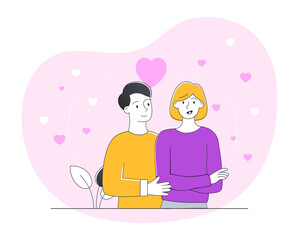 Cheerful young couple concept. Man hugs woman and looks at her. Female smiling character with crossed arms. Happy family. Love, tenderness and caring. Cartoon contemporary flat vector illustration