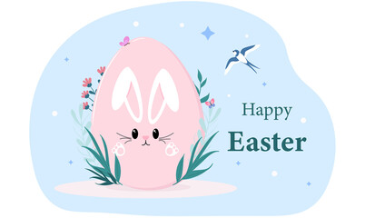 Happy Easter concept. Colorful poster with large pink egg, rabbit or bunny face and flowers. Design element for greeting cards and social networks. Festive mood. Cartoon flat vector illustration