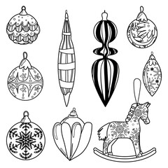 Christmas toys vector line set. Isolated on white background. Winter holiday collection symbols. New year signs for for greeting cards, festive backgrounds.