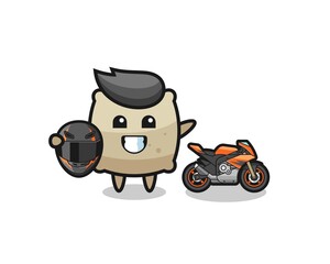 cute sack cartoon as a motorcycle racer