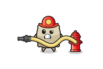 sack cartoon as firefighter mascot with water hose