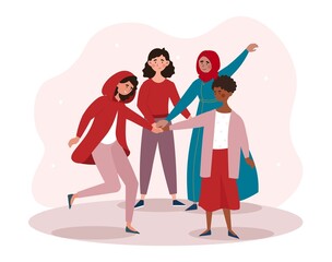 Happy diverse female friends concept. Young happy women of different nations put hands together. Smiling girls unite and support each other. Gesture of collaboration. Cartoon flat vector illustration