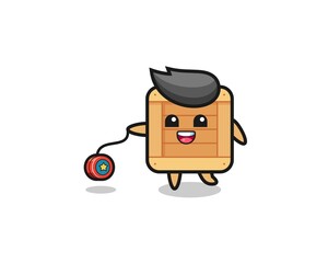cartoon of cute wooden box playing a yoyo