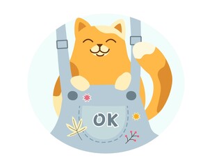 Cute little kitten concept. Smiling ginger cat in front pocket of jumpsuit. Colorful design element for covers, postcards and prints on children clothing. Cartoon modern flat vector illustration