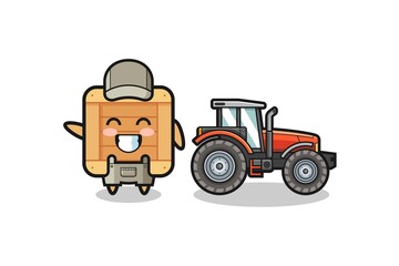 the wooden box farmer mascot standing beside a tractor