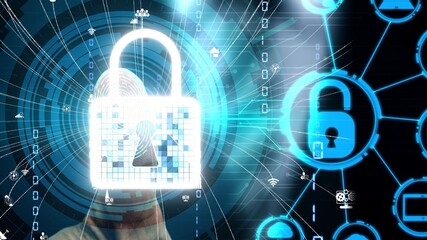 Fingerprint Biometric Digital Scan Technology. Graphic interface showing man finger with print scanning identification. conceptual of digital security and data access by use fingerprint scanner.