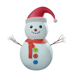 3d cartoon snowman. Cute snowman, wearing a Santa hat, scarf and buttons. 3d render isolated on a white background.