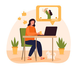Girl watching video. Woman sitting at table, drinking coffee and watching funny clip on laptop. Female character resting and using social media. Relaxing at home. Cartoon flat vector illustration