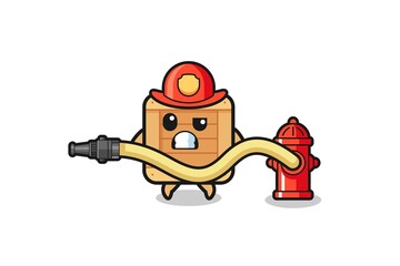 wooden box cartoon as firefighter mascot with water hose