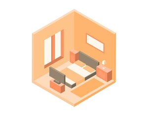 Cozy bedroom interior. Comfortable room with bed, TV, bedside table, window, carpet and lamp. Design project for house. Location of furniture. Cartoon contemporary isometric vector illustration