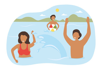 Obraz na płótnie Canvas Summer vacation at sea concept. Man, woman and boy playing ball and splashing water. Fun and entertainment in ocean. Family resting and spending time together. Cartoon flat vector illustration