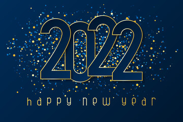 Happy New Year 2022 poster with numbers cut out of paper and with confetti. Winter holidays greeting or invitation. Vector illustration on blue background.