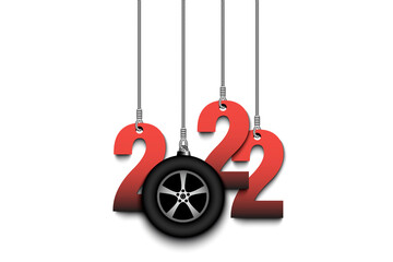 Numbers 2022 and car wheel as a Christmas decorations are hanging on strings. New Year 2022 are hang on cords. Template design for greeting card. Vector illustration on isolated background
