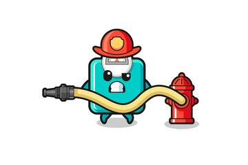 weight scale cartoon as firefighter mascot with water hose