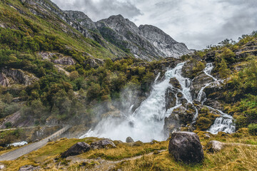 Briksdalsbreen national park waterfall .