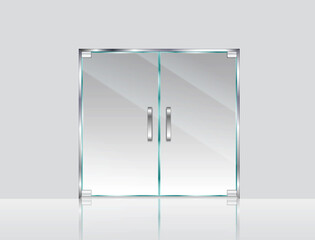 Realistic glass door. Entrance modern glass 
doors, office or shop mall steel frame. Double glass doors to the shopping center or 
office. illustration of a layout of an entrance 
glass door.