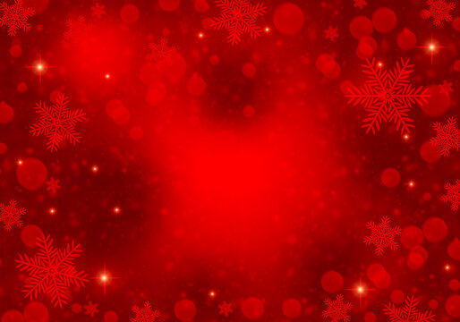 Red background with snowflakes, glitter and lights for christmas, winter holidays, new year.