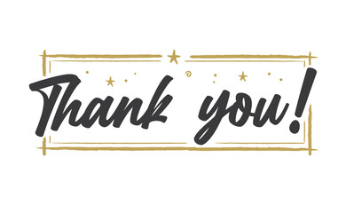Thank you vector lettering. Beautiful greeting card, Calligraphy text word with gold stars. Hand drawn design. Handwritten modern brush lettering.