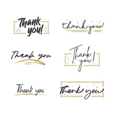 Thank You lettering compositions written with decorative calligraphic font. Bundle of gratitude phrase decorated with cute elements. Hand drawn thanks vector quotes.