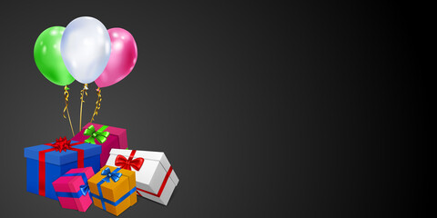 Vector illustration with bunch of colored gift boxes with ribbons and bows and multicolor balloons on black background