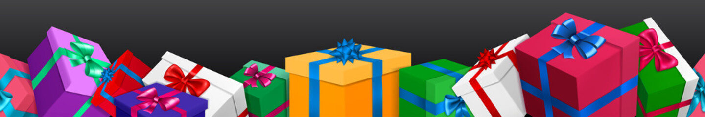 Banner with bunch of colored gift boxes with ribbons and bows on black background. With seamless horizontal repetition