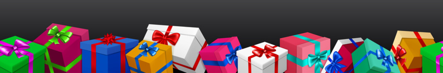 Banner with bunch of colored gift boxes with ribbons and bows on black background. With seamless horizontal repetition