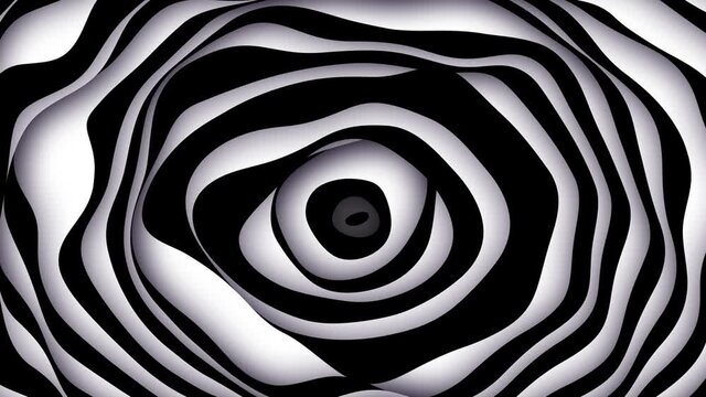 Background animation black and white liquid cartoon abstract radial waves. Zebra style op art swirl. Intro, titles, opener, presentation. Seamless loop. Dynamic animation for business or ecology, etc.