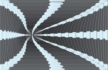 Twisted Tunnel lined with gray tiles. Digital wireframe tunnel. 3D corridor. Background abstract image
