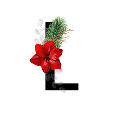 Capital letter L decorated with red amaryllis flower and pine twig. Letter of the English alphabet with christmas decoration.