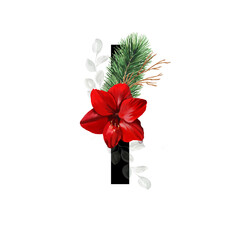 Capital letter I decorated with red amaryllis flower and pine twig. Letter of the English alphabet with christmas decoration.