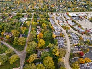 Aerial view of residential neighborhood in Northfield, IL. Lots of trees starting to turn autumn...