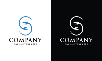  letter S logo icon template with two hands for partnership business. on a black and white background.