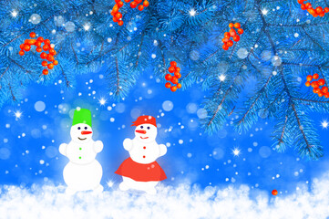 Two snowmen and blue spruce branches with red rowan berries and snowflakes on a blue background