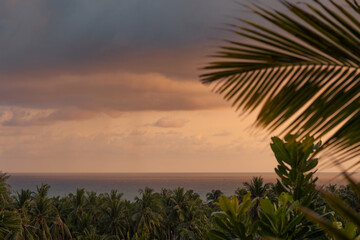 Spectacular sunset over rooftops and forest. Sea and cloudy sky in the background.
