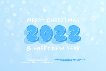 Fototapeta na wymiar Bright poster Merry Christmas and Happy New Year. 3D cartoon numbers blue color and handwritten lettering. Horizontal light-blue background with snowflakes. Two sets of decorative fonts are included