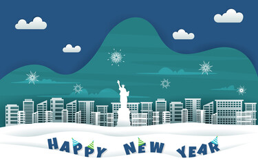 Obraz premium New York Fireworks City Building Winter New Year Paper Cut Illustration