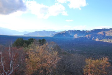 山梨県の風景。紅葉台からの眺望。紅葉に染まる山々と樹海。