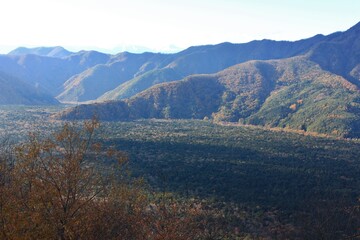 山梨県の風景。紅葉台からの眺望。紅葉に染まる山々と樹海。
